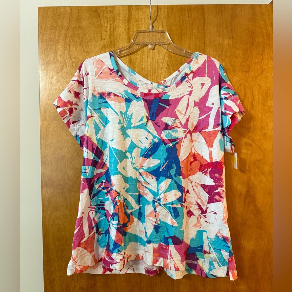 T By Talbots Multicolor Floral Short Sleeve Keyhole Back Shirt Top PXL Petite XL